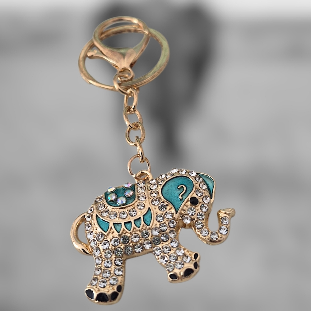 Jeweled Elephant Bag Charm / Keychain with Teal Enamel Accents